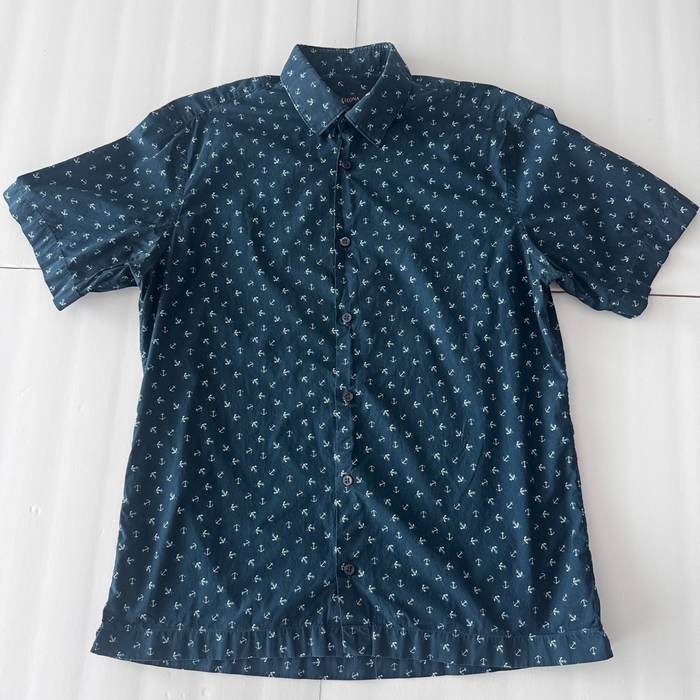 Z Zegna Mens 41/16 Shirt Navy Anchor Print Short Sleeve 100% Cotton Nautical